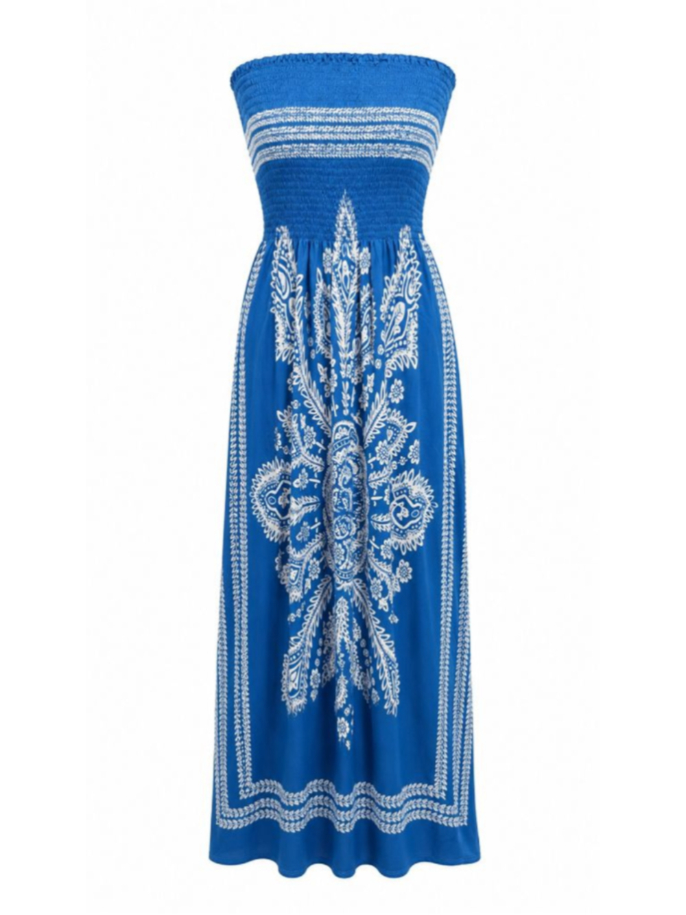 VENUS Blue White Boho Strapless Tube Maxi Dress Large